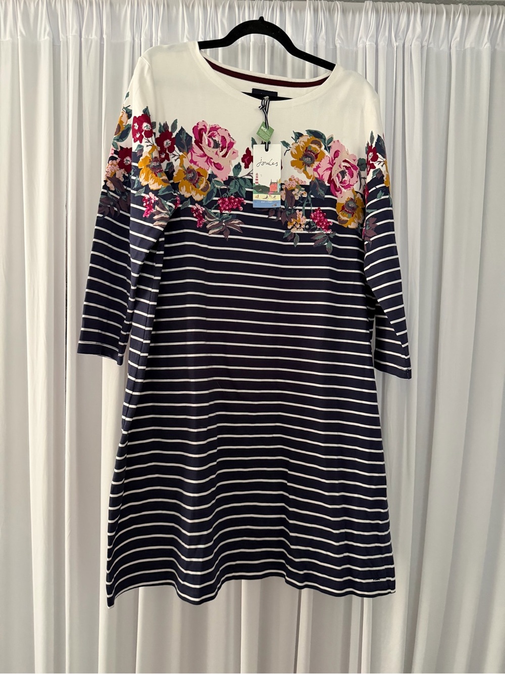 Joules Navy & White Striped Shift Dress with Pink and Yellow Floral Yoke